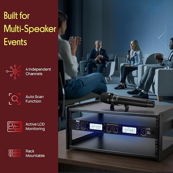 Pyle 4 Channel UHF Wireless Microphone System with 3 Handheld Mics, Lavalier & Headset Mic, 300 Ft Range, Selectable Frequencies & Rack Mount Receiver for Conferences, Hosting, Church & PA Systems - Image 3