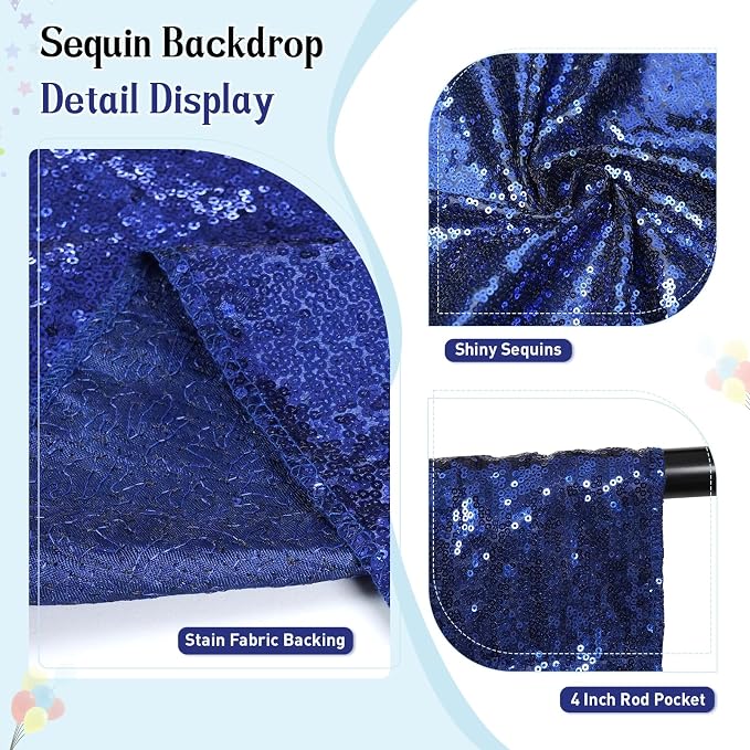SquarePie 4x8ft Navy Blue Sequin Backdrop, High Density Non-Transparent Glitter Curtain for Photography, Birthday, Wedding Party Decorations, Thick Solid Background with 4" Rod Pocket, 1 Panel - Image 3