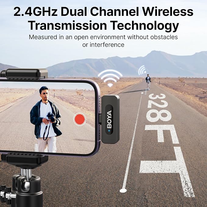 BOYA BY-V1 Wireless Microphones for iPhone iPad with MFi Certified Lightning Port, 328ft Range, 9H Battery Life, Noise Reduction Mini Mic Clip on Lapel Microphone Wireless for Video Recroding - Image 3