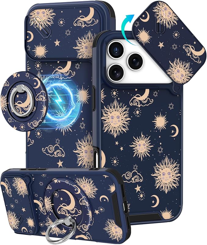 Buleens for iPhone 17 Pro Max Case 6.9 Inch - with Ring Stand & Camera Cover Aesthetic Cute Designed for Women Girls Girly Kawaii Sun Moon Star Phone Case for iPhone 17 Pro Max Compatible with Magsafe by Buleens