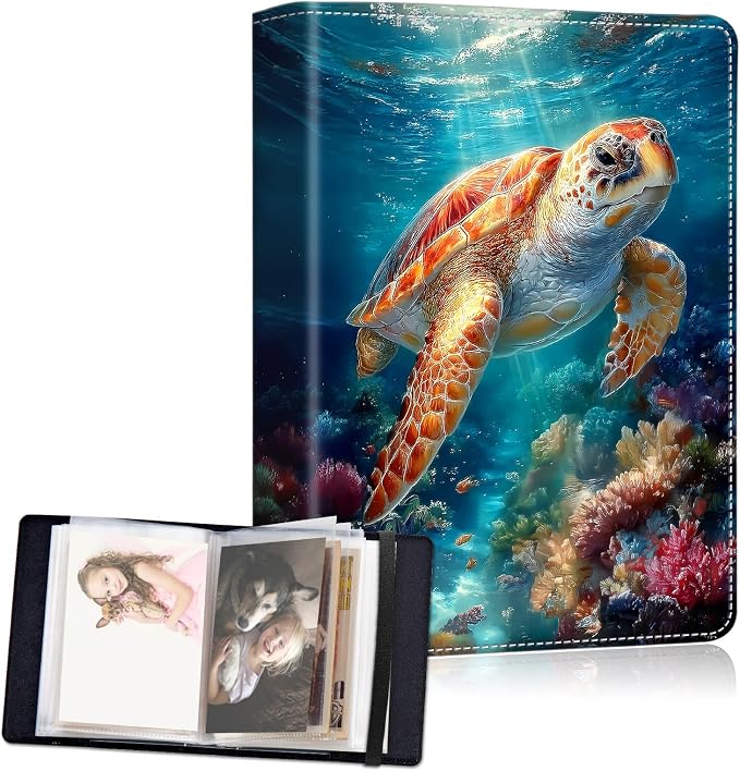 Small Photo Album 4x6, 60 Pockets Holds 120 Photos, Slip-in Pocket Photo Album with Black Elastic Band for Family Wedding Baby Travel Pictures, Cute Sea Turtle by Unknown