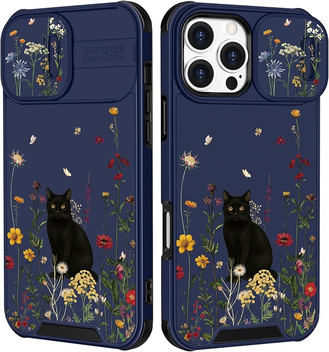 for iPhone 16 Pro Max Case - Women Cute Phone Cover Girly Pretty Fancy Unique Aesthetic Design Slide Camera Cover Protective Case for Apple for iPhone 16 Pro Max,Black Cat by Goocrux