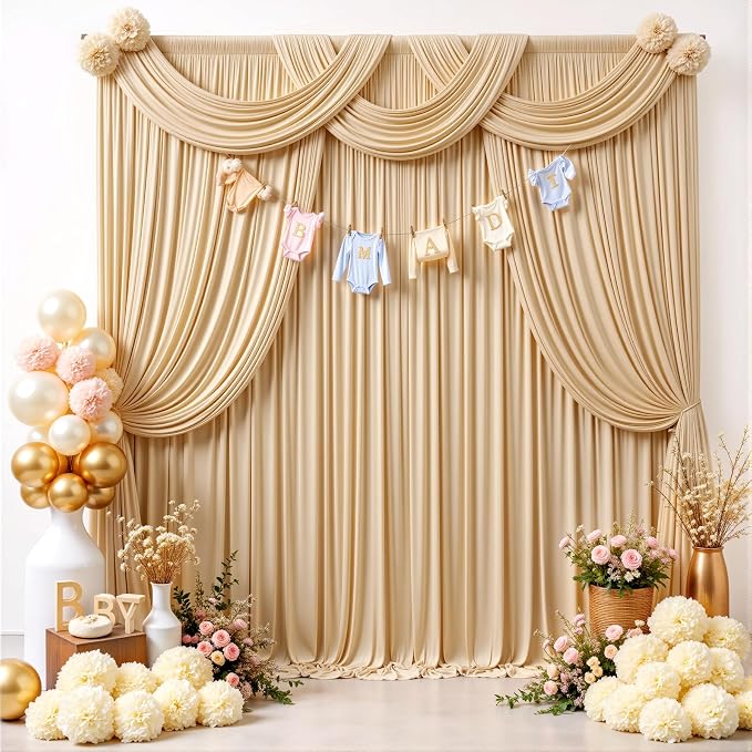 20x12 ft Champagne Backdrop Curtains for Weddings, Birthdays and Photos | 4 Panels 5x12 ft, Wrinkle-Free Polyester Drapes, Washable, Ironable, 4 in Rod Pocket for Baby Showers Photography Background - Image 3