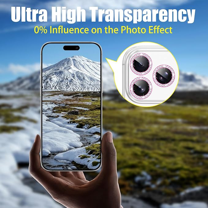 AGVEE 3+3 6 Pack for iPhone 17 Pro & Max Camera Lens Protector Cover | Individual Bling Diamond & Bling Glitter Sparkle Cute Gem Metal Ring, 9H Tempered HD Glass - Image 6