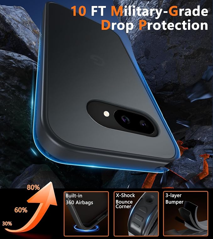 FNTCASE for Google Pixel 9a Case: Frosted Translucent Matte Shockproof Slim Protective Case - Military Grade Drop Proof Anti-Fingerprint Hard Back Cell Phone Cover (6.3 inch/Black) | 14FT Military Grade Drop Protection, Slim Shockproof Protective Cover... - Image 4