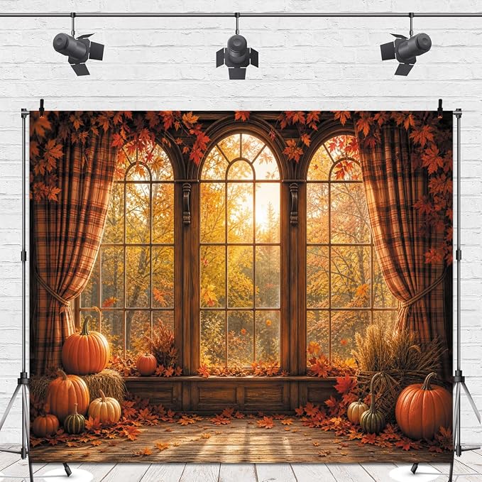 Autumn Fall Window Backdrop 10x10ft Rustic Wooden Arched Window with Pumpkin Maple Leaves Thanksgiving Harvest Photo Background for Party Decor Portrait Photography Booth Props Vinyl - Image 4