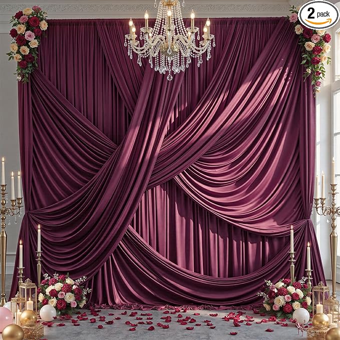 10x12 ft Burgundy Backdrop Curtains for Weddings, Birthdays and Photos | 2 Panels 5x12 ft, Wrinkle-Free Polyester Drapes, Washable, Ironable, 4 in Rod Pocket for Baby Showers Photography Background by PartyVillage