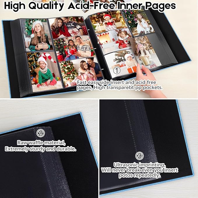 Aevdor Large Capacity 4x6 Photo Album, 1000 Photos, Linen Cover, Blue | Black Inner Pages, 3 Horizontal and 2 Vertical Pockets per Side, Front Photo Window, Family, Wedding & Travel Memories - Image 7