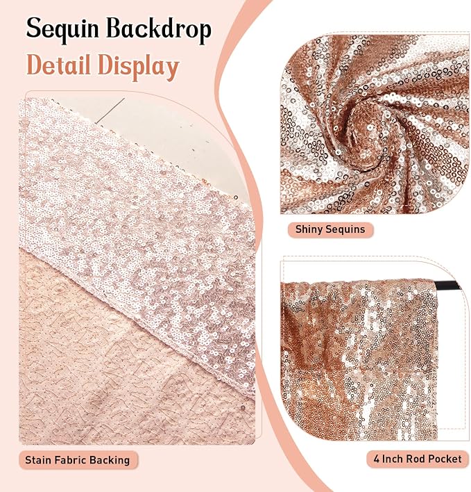 SquarePie 20x10ft Rose Gold Sequin Backdrop, High Density Non-Transparent Glitter Curtain for Photography, Birthday, Wedding Party Decorations, Thick Solid Background with 4" Rod Pocket, 1 Panel - Image 3