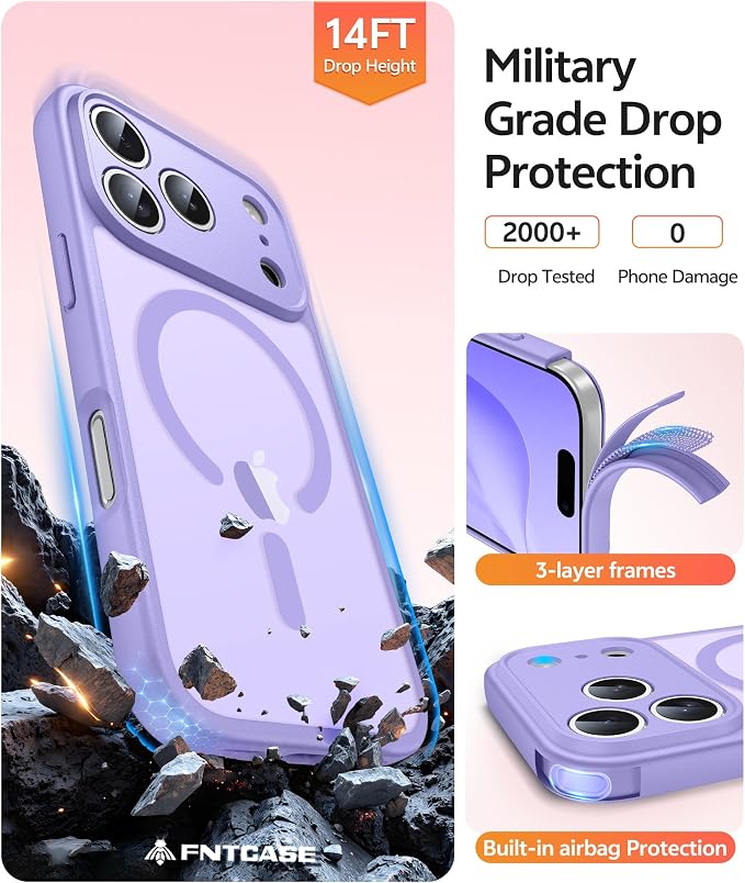 FNTCASE for iPhone 17 Pro Case, Fit for Magsafe, Screen Protector | Full Camera Protection, Translucent Matte, 14FT Military Grade Drop Proof, Shockproof Protective Phone Cover,Light Purple - Image 5