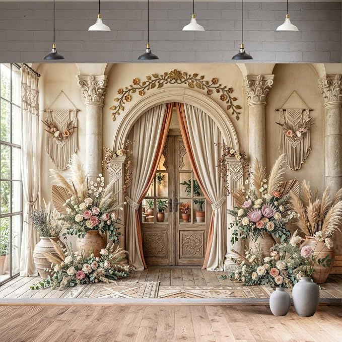 12X10ft Boho Floral Wedding Backdrop Retro Elegant Flowers Wall Photography Background Beige Vintage Wedding Bridal Shower Mother's Day Event Party Home Art Decor Portrait Photoshoot Props - Image 3