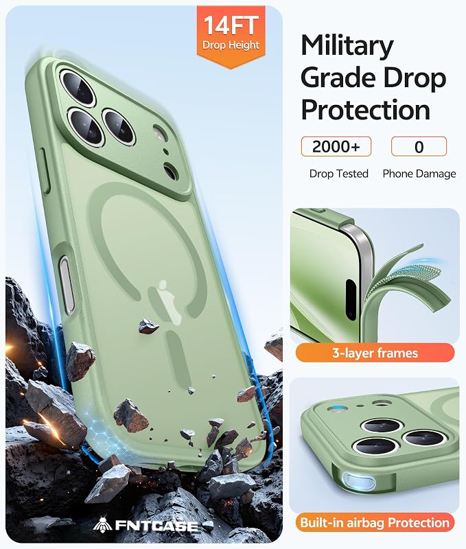 FNTCASE for iPhone 17 Pro Max Case, Fit for Magsafe, Screen Protector | Full Camera Protection, Translucent Matte, 14FT Military Grade Drop Proof, Shockproof Protective Phone Cover, Light Moss - Image 5