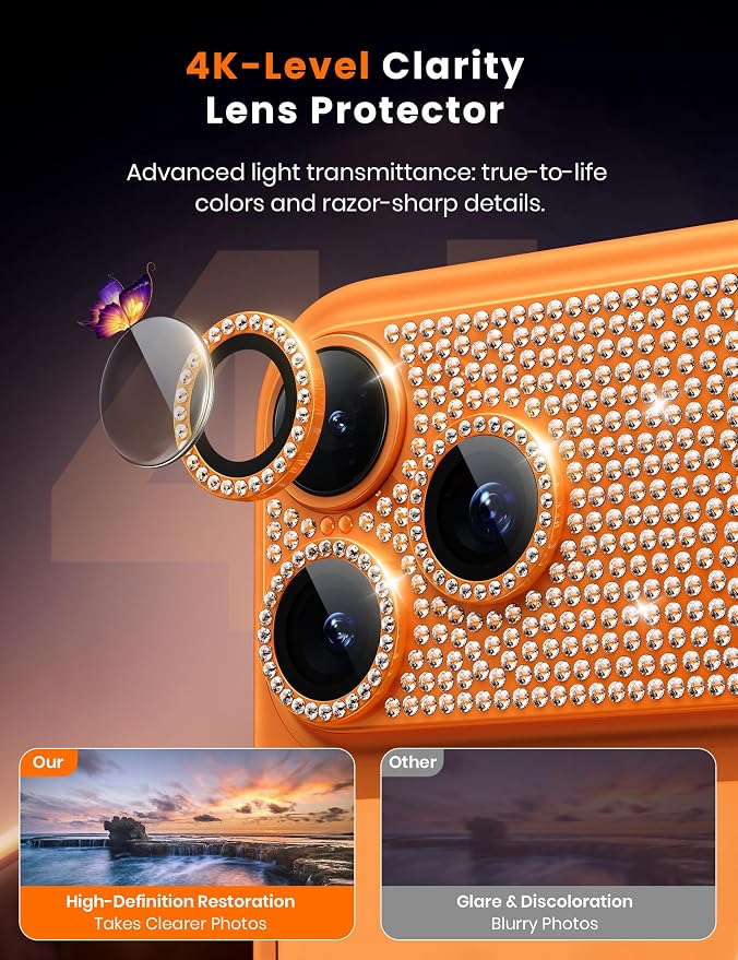 Hoerrye for iPhone 17 Pro Camera Lens Protector - Bling Diamond | Military Grade Protection, Keep Lens Original Design, 9H Tempered Glass Camera Cover Screen Protector - Image 7