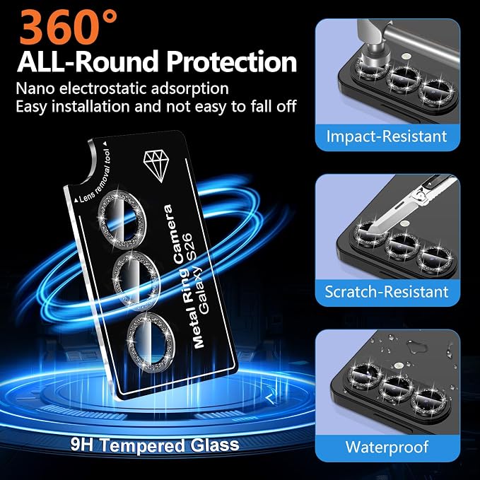 for Samsung Galaxy S26 Camera Lens Protector, Individual Metal Ring Tempered Glass Lens Cover, [Strong Adsorption] Scratch Resistant Ultra-Thin HD Clear Lens Cover, 1 Set-Black Sparkly - Image 2