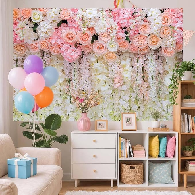 7x5ft Pink Rose Flower Wedding Photography Backdrop Spring Floral Photography Backdrop Valentine's Day Mother's Day Girl Birthday Baby Shower Wedding Bridal Party Banner Photo Booth Props Background - Image 3