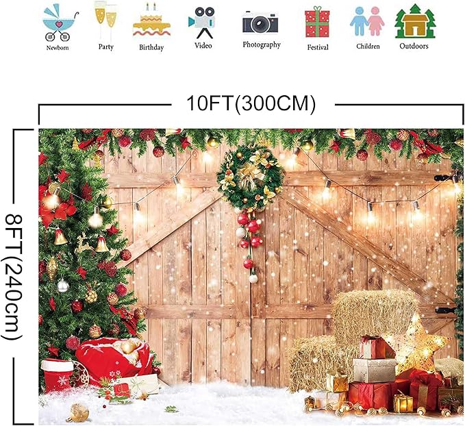 Christmas Backdrop 10x8ft Soft Fabric Rustic Barn Wood Door Backdrop for Photography Xmas Tree Snow Wall Floor Party Photo Background Family Banner Decorations Studio Prop Pictures - Image 3