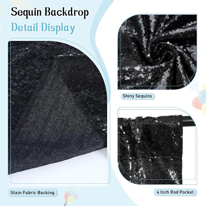 SquarePie 5x7ft Black Sequin Backdrop, High Density Non-Transparent Glitter Curtain for Photography, Birthday, Wedding Party Decorations, Thick Solid Background with 4" Rod Pocket, 1 Panel - Image 6