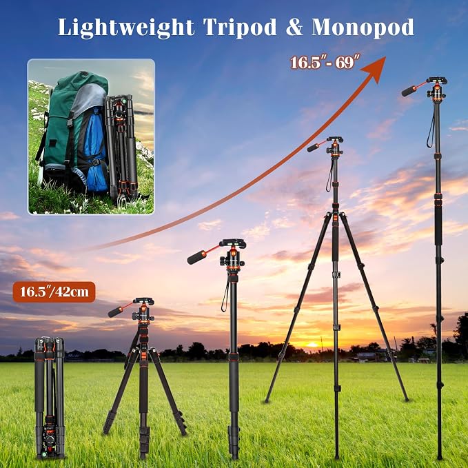 2 in 1 Camera Tripod & Hunting Stand Foldable, 68" Ball Head Tripod for Camera and Phone, Heavy Duty Tripod for DSLR Camera Lasers Binoculars Telescope Spotting Scope, Min Size 16.5" with Bag - Image 3