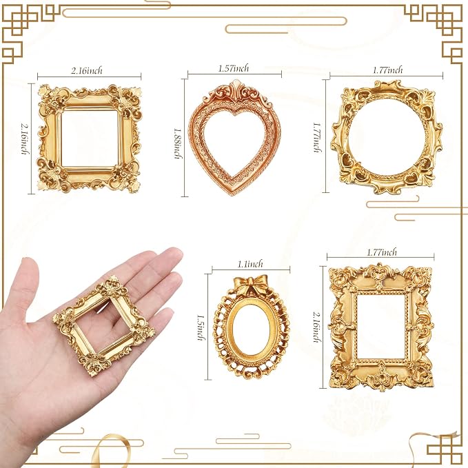 Vicenpal 50 Pcs Gold Mini Vintage Picture Frames Bulk | Small Vintage Photo Frames, Antique, Resin, Baroque, Ornate, Cute Wallet Size, for DIY Jewelry Gifts Christmas Wedding Decor - Image 3