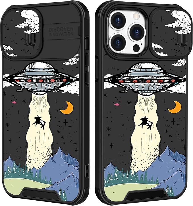 (2in1 for iPhone 14 Pro Max Case UFO for Women Cute Aliens Phone Cover Cool Universe Pattern Design with Slide Camera Cover Protective Fashion Boys Teens Cases for 14 ProMax 6.7'' by Goocrux