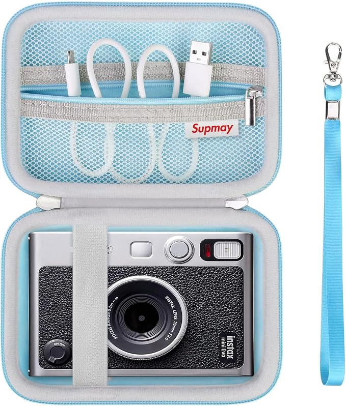 Carrying Case Compatible with Fujifilm Instax Mini EVO Instant Camera, INSTAX MINI EVO Camera Storage Holder Travel Bag with Mesh Pocket for Photos, USB Cables, Film, Blue by Supmay