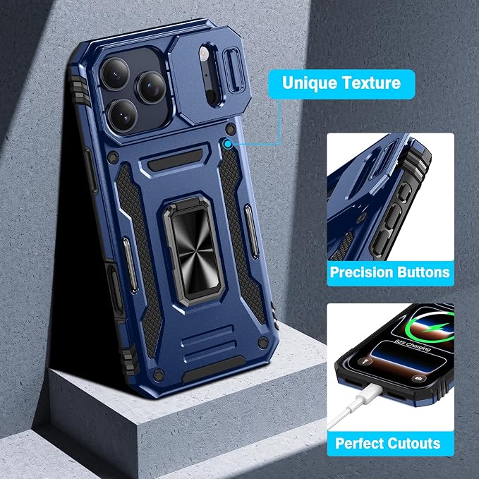 VEGO for iPhone 17 Pro Case with Privacy Screen Protector Blue | Slide Camera Cover & Ring Kickstand Military Grade Heavy Duty Protection Cover for iPhone 17 Pro 5G 6.3 Inch - Blue - Image 8