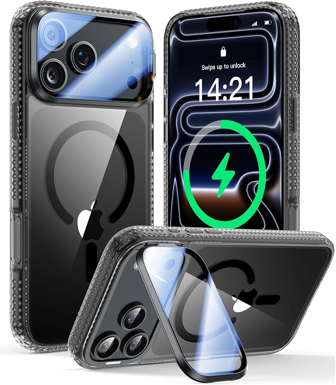 VOFATA [Upgraded Full Camera Protection] for iPhone 17 Pro Case with Camera Cover Stand [Fit for MagSafe][10FT Mil-Grade Protection] Transparent Magnetic iPhone 17 Pro Phone Case, Clear Black by VOFATA