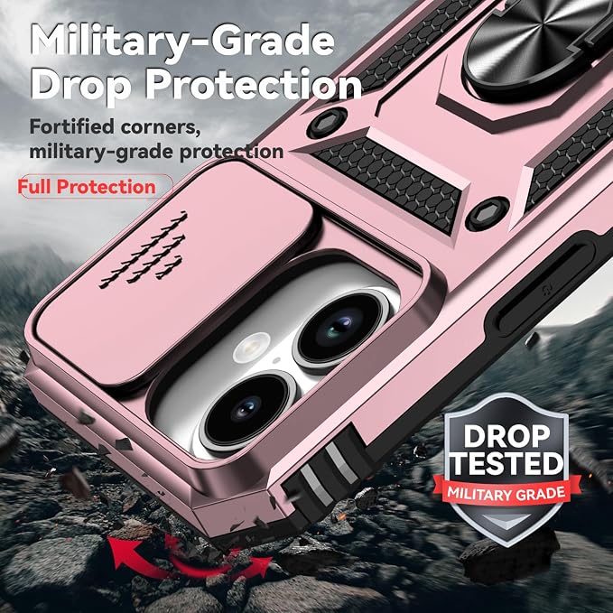 HNHYGETE for iPhone 16 Case with Screen Protector: [Military Grade 20ft. Drop Tested] Slide Camera Cover Ring Shockproof Protective Phone Case for - iPhone 16 (Rose Gold) - Image 3