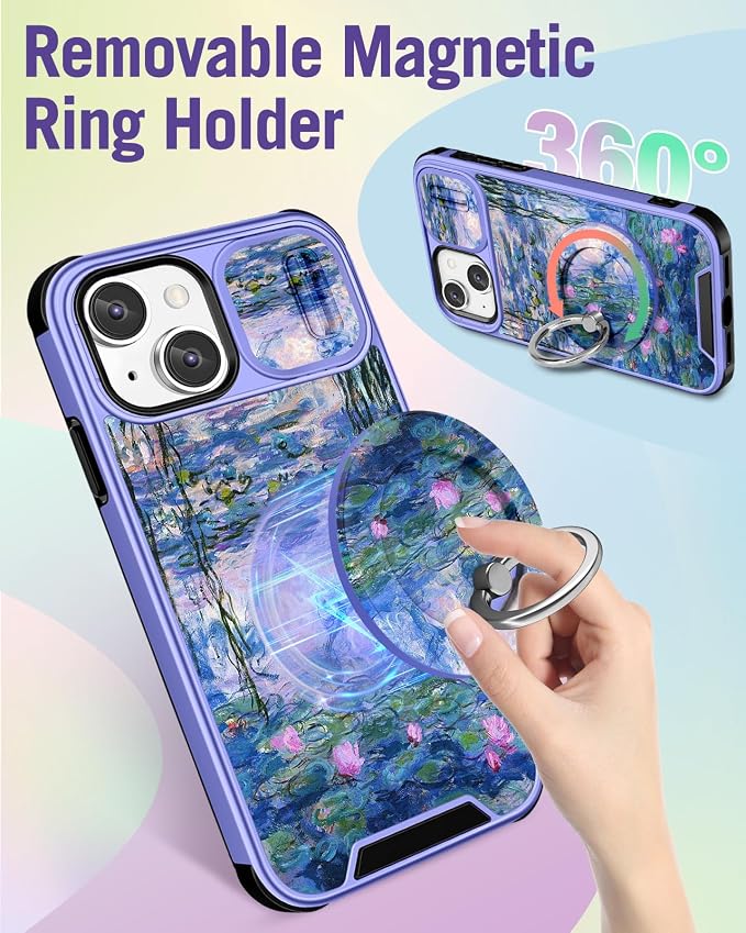 Buleens for iPhone 14 Plus Case 6.7 Inch - with Ring Stand & Camera Cover Cute Designed for Women Girls Girly Pretty Blue Water Lily for iPhone 14 Plus Phone Case Compatible with Magsafe - Image 5
