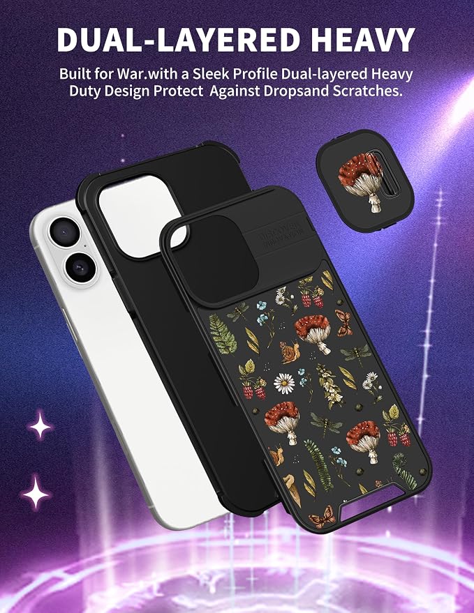 for iPhone 16 Plus Case - Women Cute Phone Cover Girly Pretty Fancy Unique Aesthetic Design Slide Camera Cover Protective Case for Apple for iPhone 16 Plus,Mushroom Floral - Image 5
