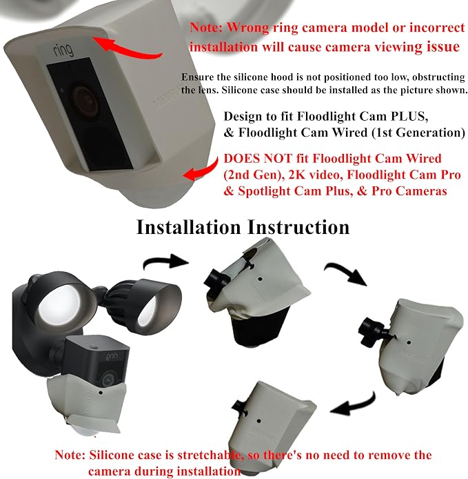 Silicone Skin Case Cover Compatible with Ring Floodlight Cam Wired Plus, Floodlight Camera (1st Gen) - Sun Glare, UV & Weather Protection Skins Cover (2 Pack, White) - Image 5