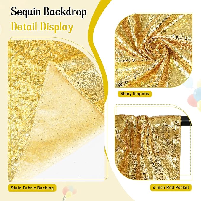 SquarePie 7x7ft Gold Sequin Backdrop, High Density Non-Transparent Glitter Curtain for Photography, Birthday, Wedding Party Decorations, Thick Solid Background with 4" Rod Pocket, 1 Panel - Image 4