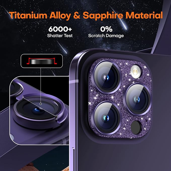 Camera Lens Protector for iPhone 16/15/14 Pro Max & 16/15/14 Pro | Glitter Purple, Aluminum Alloy, 9H+ Glass Camera Cover, Nano Reinforced Adhesive, Anti-Drop, Anti-Scratch, Case Friendly - Image 5