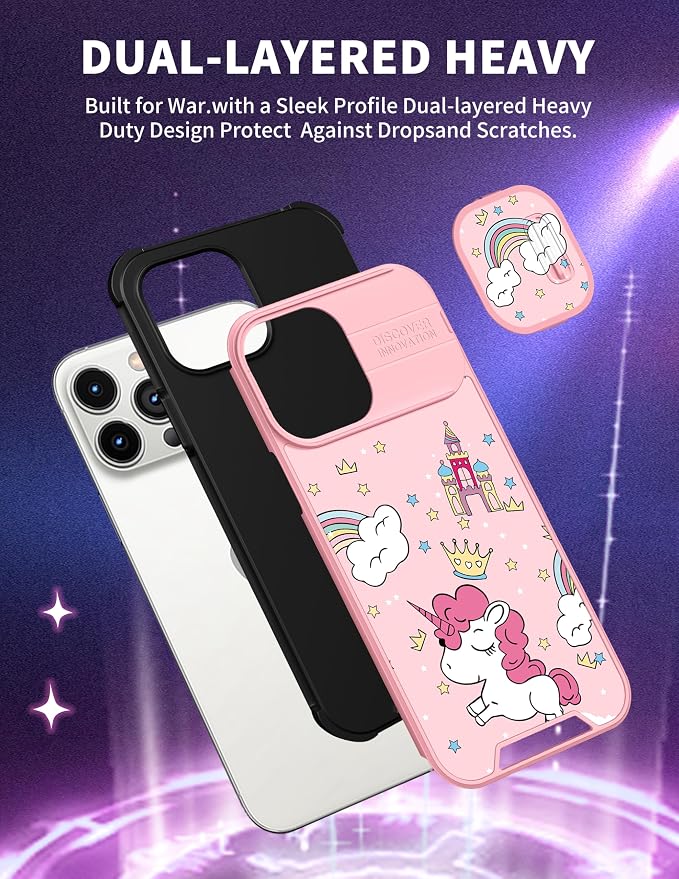 (2in1 for iPhone 12 Pro Max Case for Cartoon Kawaii Unicorn Rainbow Girly Phone Cover Cute Unique Design with Slide Camera Cover Protective Pink Cases for iPhone 12 ProMax 6.7'' - Image 5