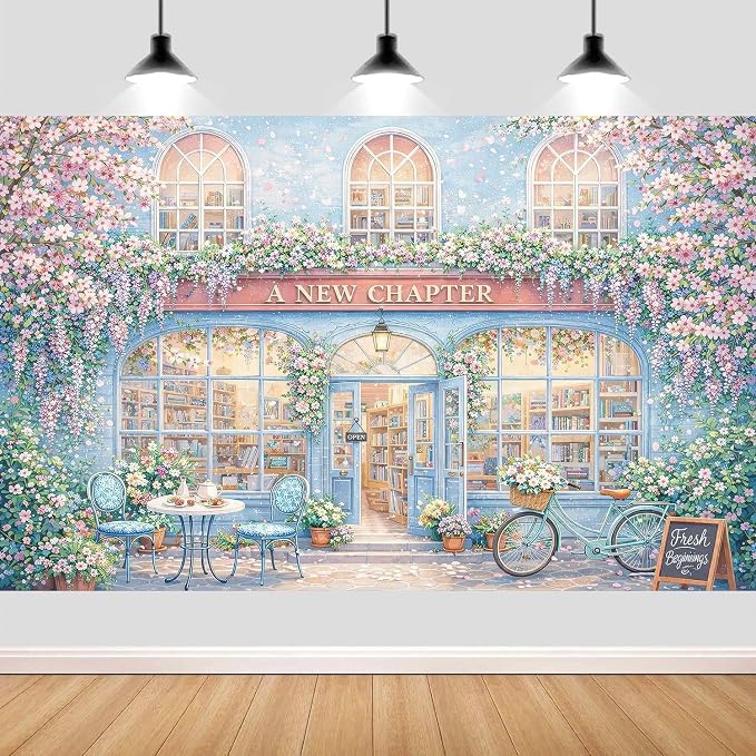 12X10ft A New Chapter Begins Backdrop Bridal Shower Blue Floral Book Shop Wedding Engagement Photography Background Bridal Shower Party Decoration Supplies Cake Table Photo Booth Studio Props by JAWO