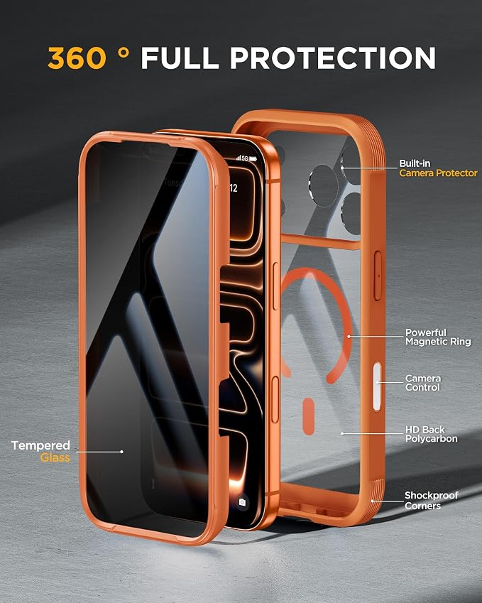 Miracase for iPhone 17 Pro Max Case with Privacy Screen Protector, Orange | Compatible with MagSafe, 360° Full Body Protection, Full Camera Protection, Military-Grade Shockproof Phone Case 6.9" - Image 3