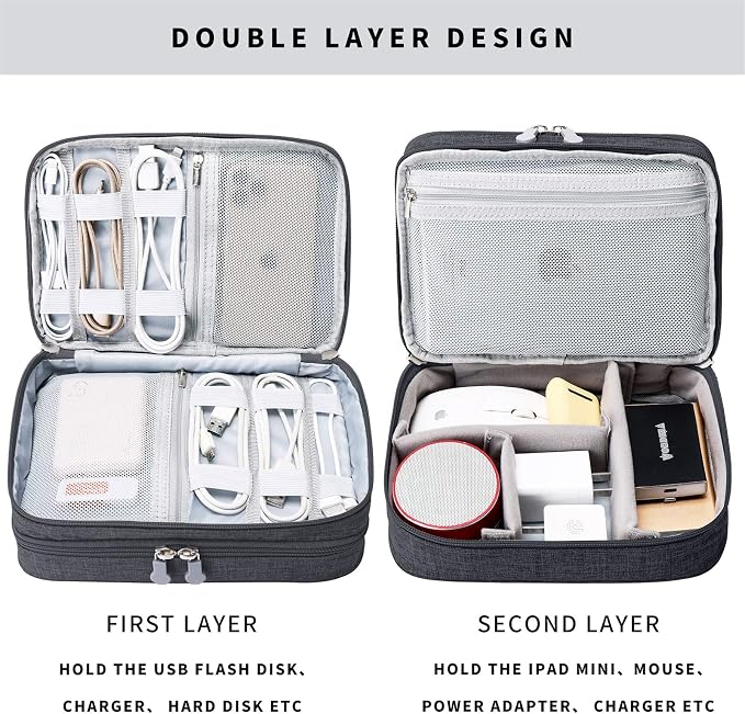 mygreen Electronic Accessories Organizer Bag, Waterproof Double Layer Travel Storage Case with Adjustable Padded Dividers, Portable Hard Pouch for Cables, Charger, Power Bank, Phone, Hard Drive Black - Image 5