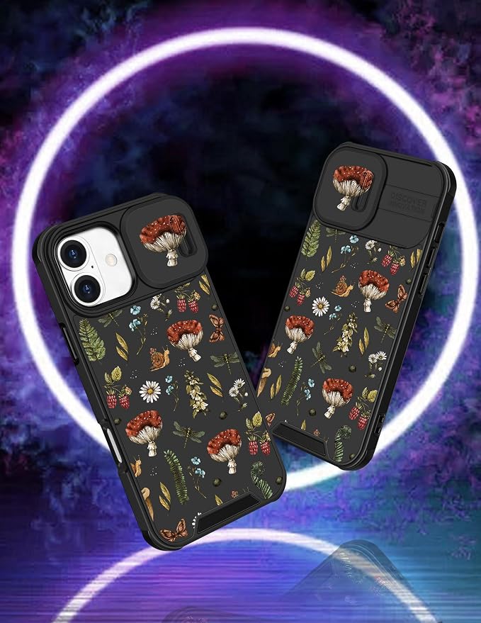 for iPhone 16 Plus Case - Women Cute Phone Cover Girly Pretty Fancy Unique Aesthetic Design Slide Camera Cover Protective Case for Apple for iPhone 16 Plus,Mushroom Floral - Image 4
