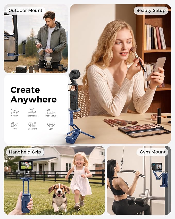 OMOTON TP02-Ultra Multi-Device Camera & Phone Mount with 1/4" Adapter, Blue | Built-In 1/4" & Arca Base, Clamp, Magnetic & Tripod Setups for iPhone, Pocket/Action Cameras, Overhead & Low-Angle Filming - Image 5