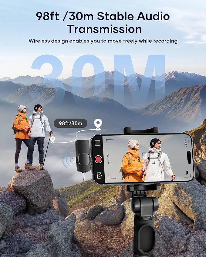 Wireless Microphone for iPhone iPad Android Phone and Camera, 2 Pack Wireless Lavalier Lapel Mic with Noise Reduction, 3 in 1 Mini Microphone for Video Recording Interview Podcast YouTube TikTok Vlog - Image 3