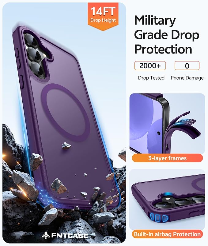 FNTCASE for Samsung Galaxy S25/S24 Case, Fit for Magsafe, Screen Protector | Translucent Matte Magnetic Back, 14FT Military Grade Drop Protection, Shockproof Protective Phone Cover, Purple - Image 5