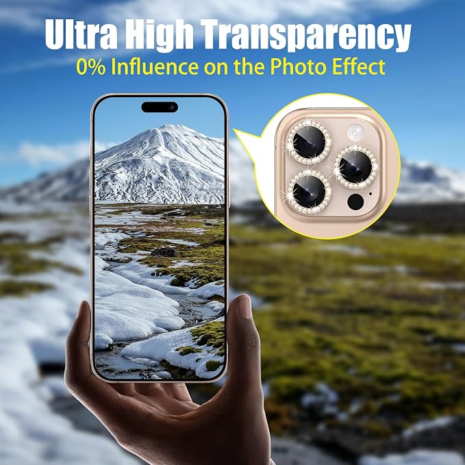 AGVEE 3+3 6 Pack for iPhone 16 Pro & Max Camera Lens Protector Cover | Individual Bling Diamond & Bling Glitter Sparkle Cute Gem Metal Ring, 9H Tempered HD Glass - Image 6
