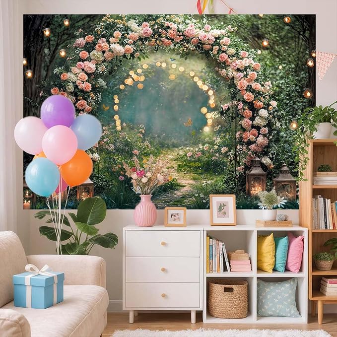 9x6ft Enchanted Forest Wedding Photography Backdrop Wonderland Roses Fairy Tale Backdrop Pink Flower Birthday Newborn Baby Shower Wedding Bridal Party Banner Photo Booth Props Anniversary Background - Image 4