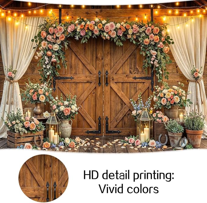 10x10ft Western Wedding Backdrop Rustic Barn Door Photography Backdrop Farmhouse Pink Flower Cabin Wooden Birthday Baby Shower Country Anniversary Bridal Party Banner Photo Booth Props Background - Image 8