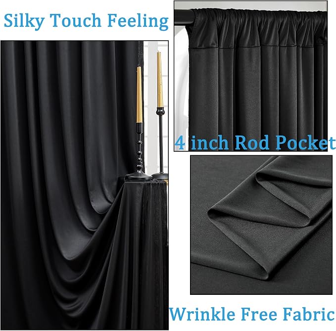 40ftx10ft Wrinkle Free Black Backdrop Curtain for Parties, 8 Panels Silky Polyester Black Photo Backdrop Drapes Back Drop Cloth Draping Fabric for Birthday Wedding Graduation Photography Background - Image 2