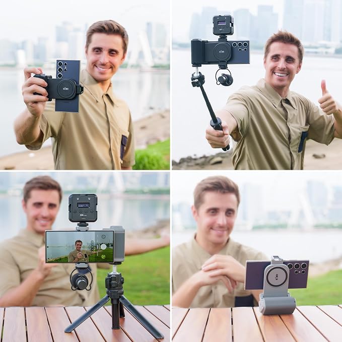 KIWIFOTOS Travel Phone Camera Grip Smartphones Camera Handle | for iPhone 17 16 Pro Max Galaxy S25 S24 Selfie Vlog Video Shooting, with Cold Shoe Mount, without Tripod, Bluetooth remote - Image 6