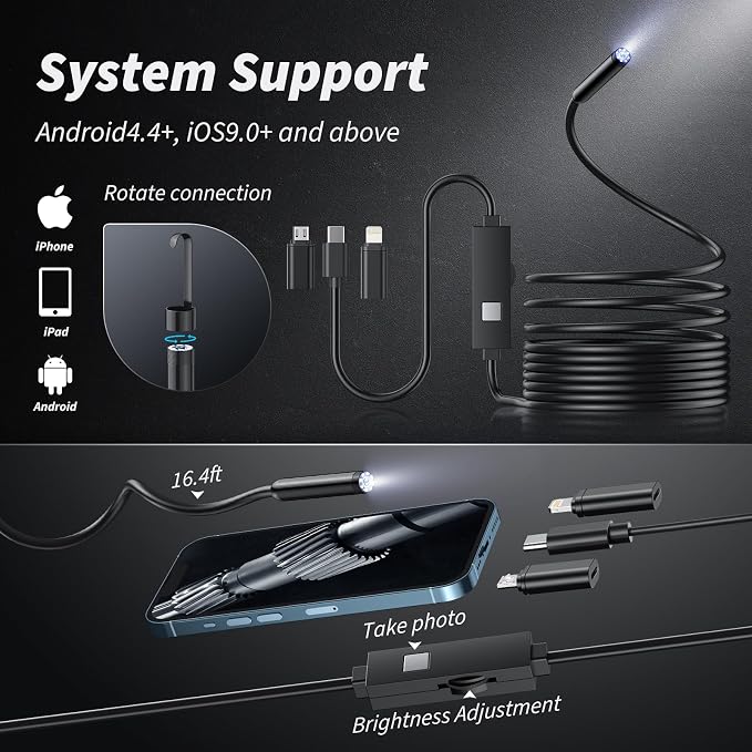 Endoscope Camera with Light, 1920P HD Bore Scope Borescope with 8 Lights, Waterproof 16.4FT Semi-Rigid Cord for Pipe Inspection, Industrial Endoscope for Phones(Black) - Image 7