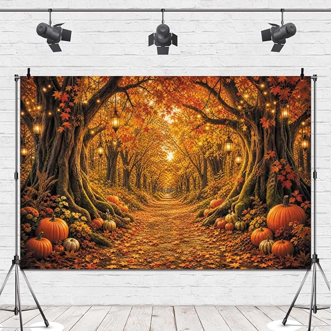 Fall Forest Photo Backdrop 12x8ft Autumn Garden Backdrop for Photography Fall Pumpkin Maple Wonderland Floral Background for Photoshoot Thanksgiving Birthday Photo Booth Props Vinyl - Image 4