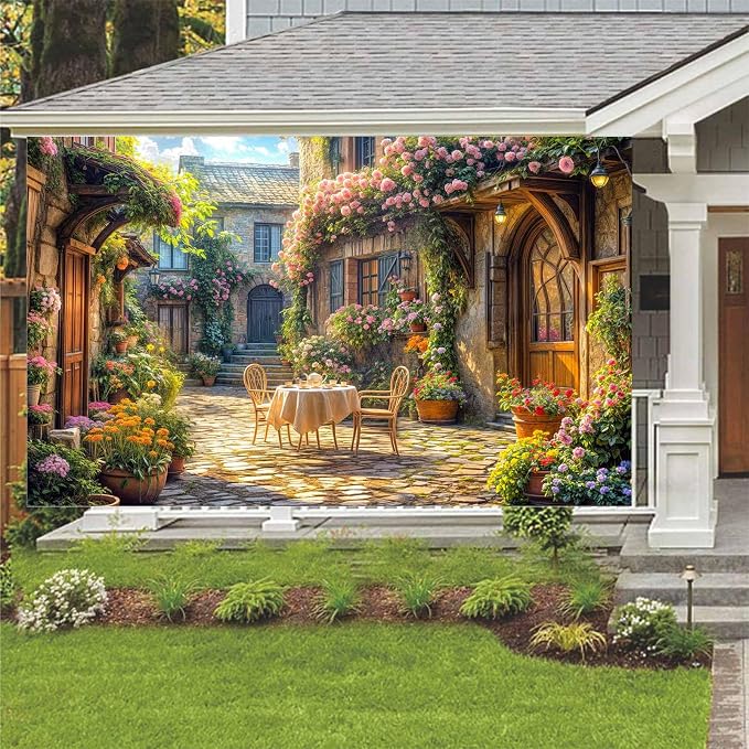 7X5ft Italian Theme Backdrop Italy Town Street Backdrop for Photography, Europe Village Town Landscape Photography Background Garden Tea Party Barnner Photo Studio Props, Color-2 - Image 2