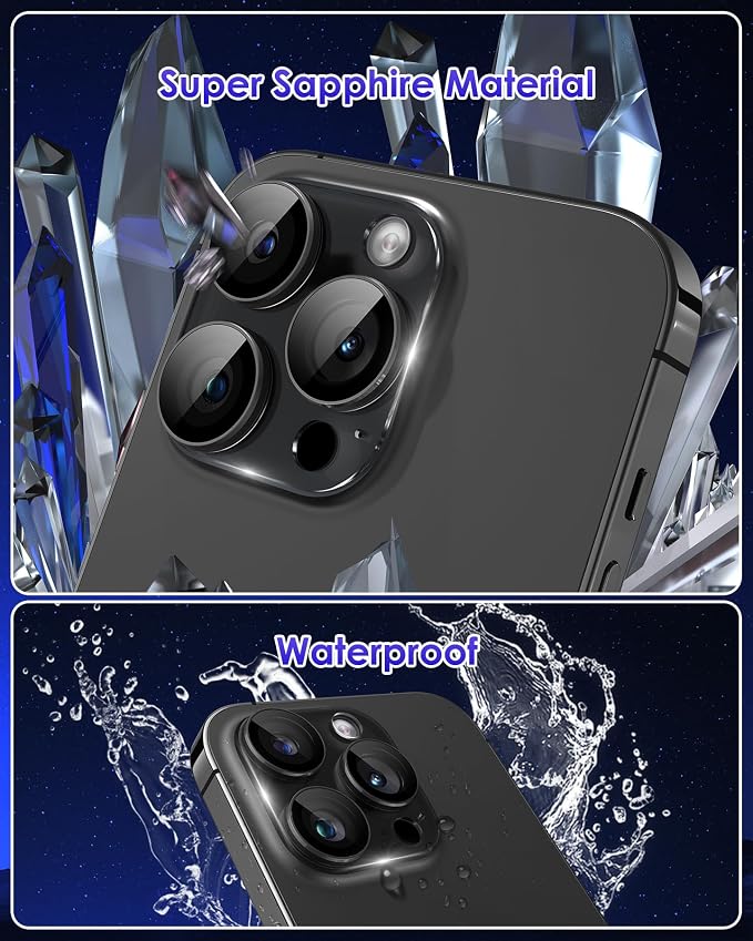 Compatible for iPhone 15 Pro/iPhone 15 Pro Max Camera Lens Protector, Clear Acrylic Plus Aluminium Alloy Ring 9H Tempered Glass Screen Camera Cover, Black+Black - Image 3